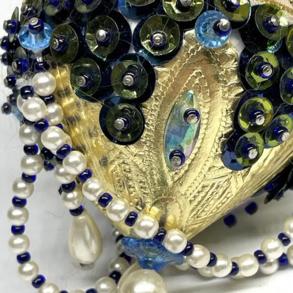 Iridescent Green Gold Beaded‎ Push Pin Chandelier Christmas Ornament MCM Vintage